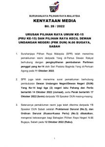 19 November Depan Ditetapkan Sebagai Hari Mengundi Bagi PRU15-SPR ...